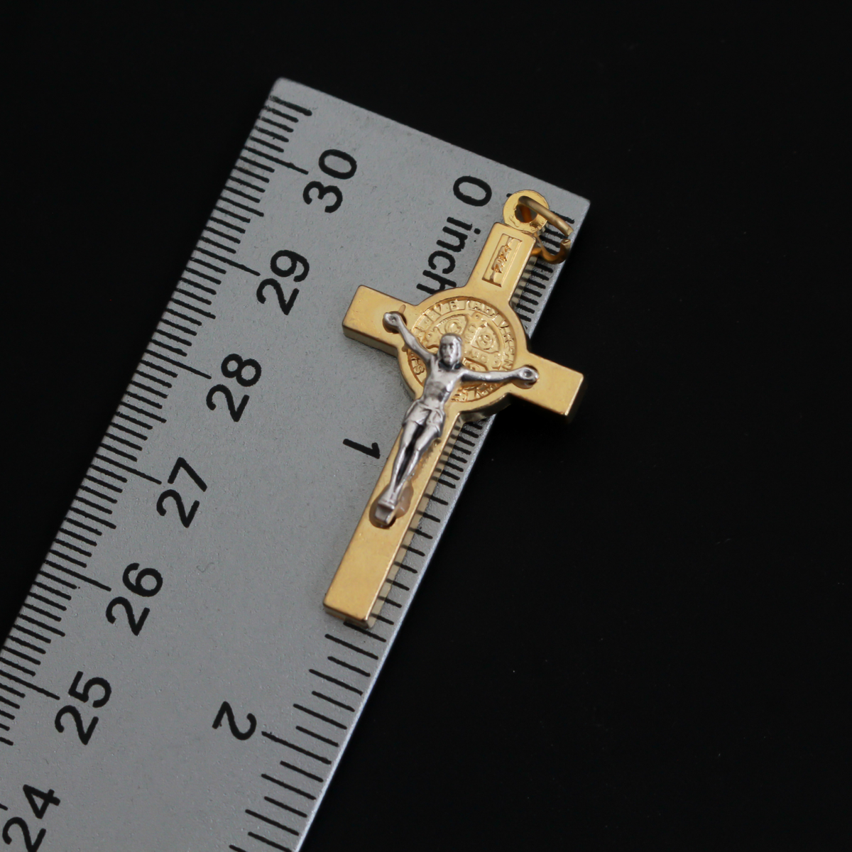 Two Tone Gold and Silver St Benedict Crucifix Pendant, 2.5mm thick x 40mm long