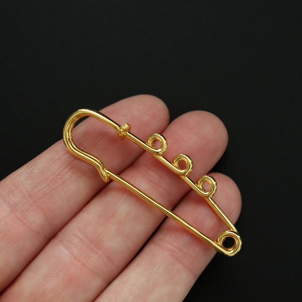 Golden Safety Pin Brooch with Three Loops for Adding Charms or Medals