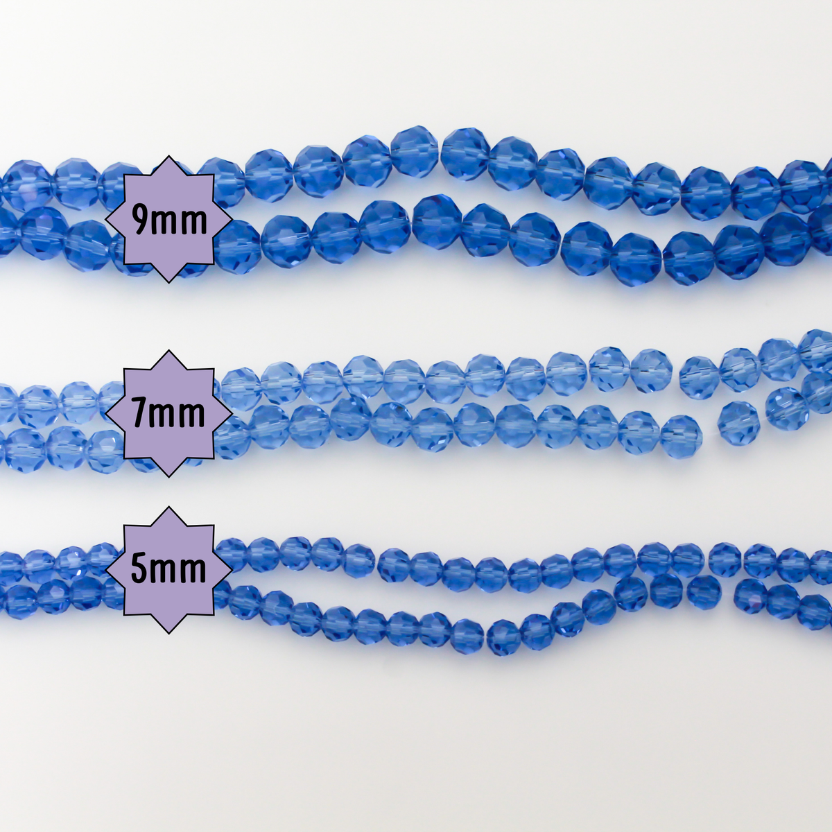 Transparent Cornflower Blue Glass Beads 9mm Round Faceted Crystal Strand - 65bds/strand