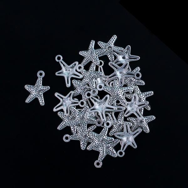 16mm long starfish charms in an antiqued silver-tone color