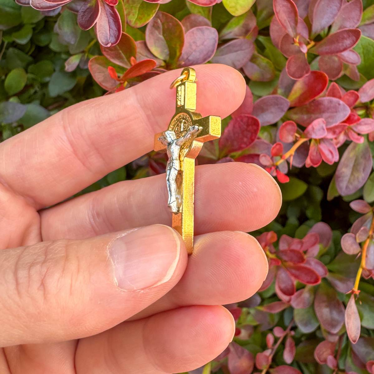 Two Tone Gold and Silver St Benedict Crucifix Pendant, 2.5mm thick x 40mm long