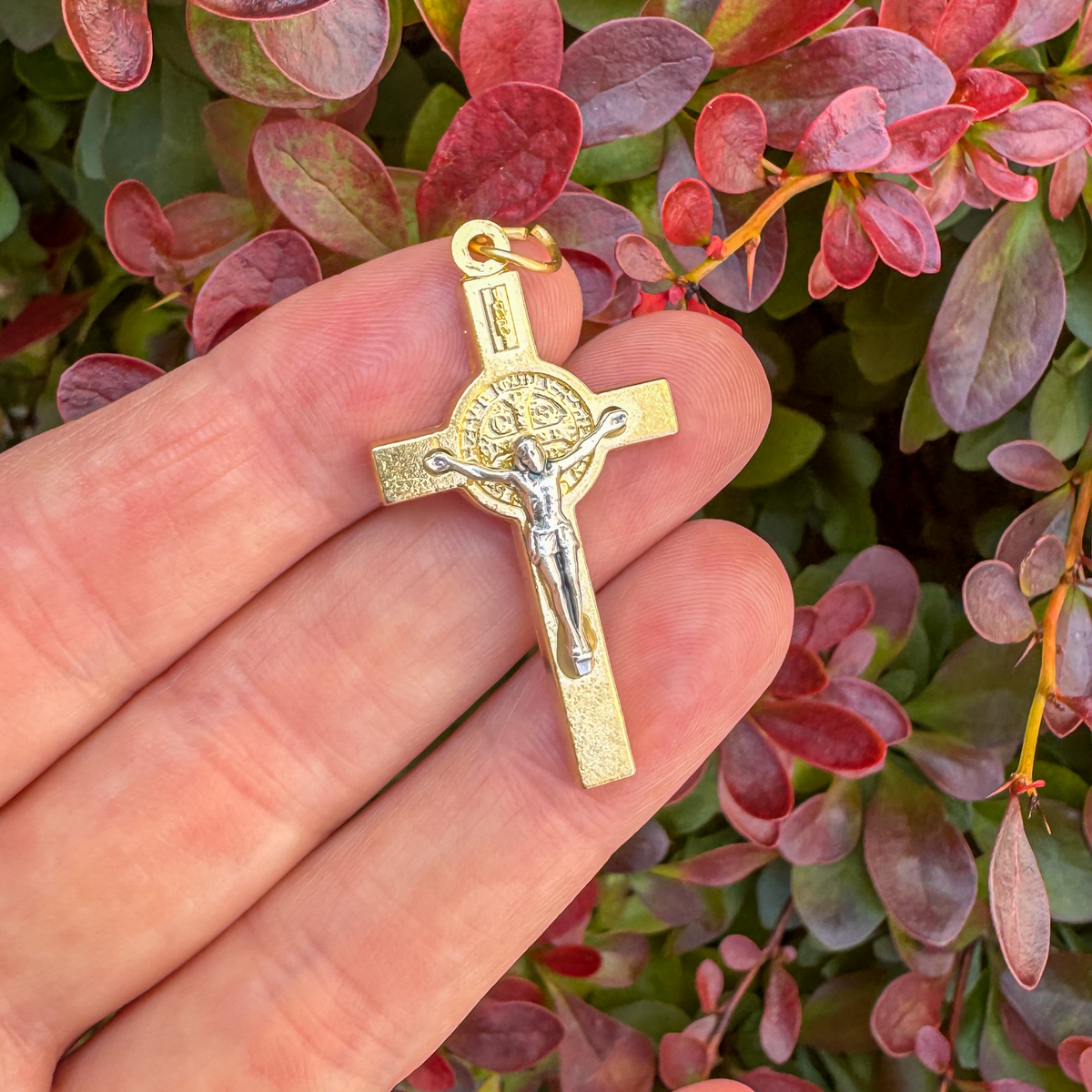 Two Tone Gold and Silver St Benedict Crucifix Pendant, 2.5mm thick x 40mm long
