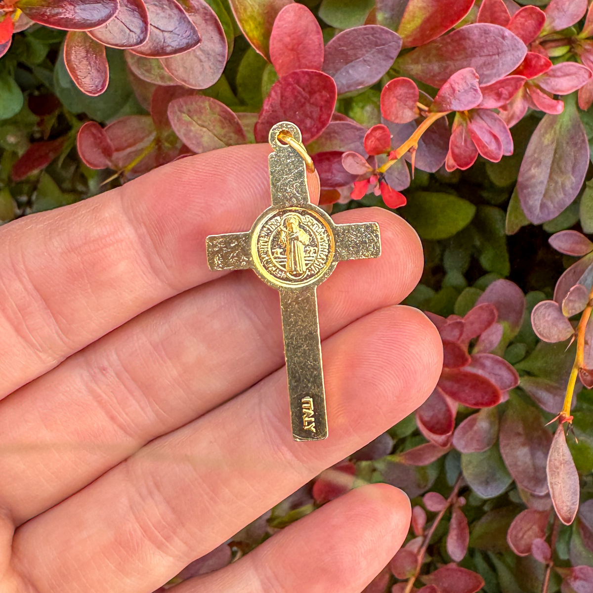 Two Tone Gold and Silver St Benedict Crucifix Pendant, 2.5mm thick x 40mm long