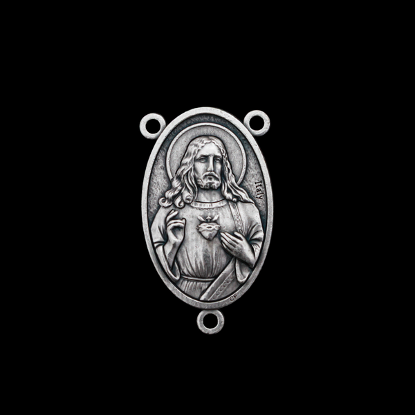 Large Sacred Heart of Jesus Immaculate Heart of Mary Rosary Centerpiece 1-3/4" Long, Made in Italy