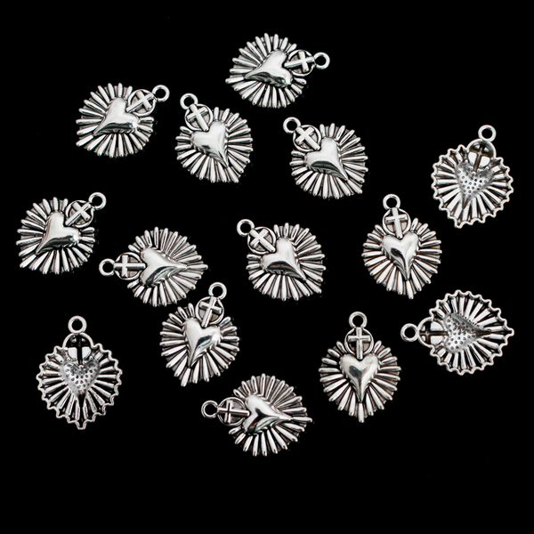 Sacred Heart Sunburst Cross Charms - Milagro Style Pendants 20pcs