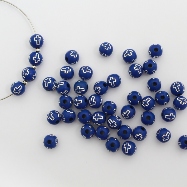 8mm Blue Beads with Silver Crosses, 60pcs