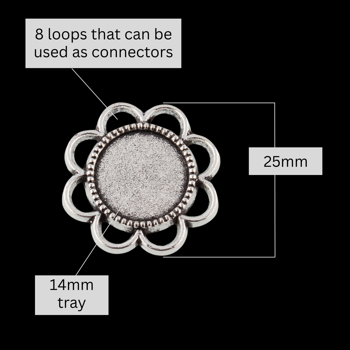 Antique Silver Flower Cabochon Settings, 5pcs - 14mm Bezel Tray with 8 Connector Loops for DIY Rosaries & Jewelry