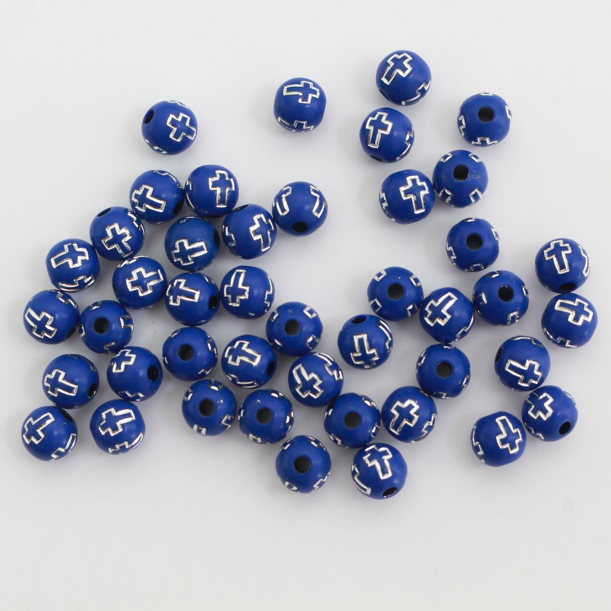 8mm Blue Beads with Silver Crosses, 60pcs