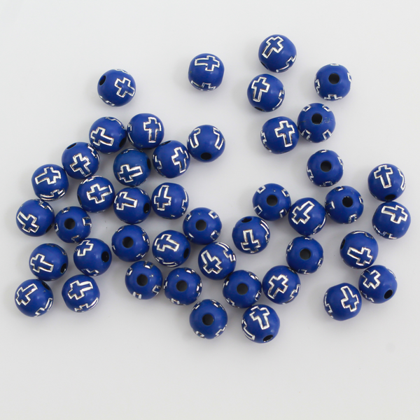 8mm Blue Beads with Silver Crosses, 60pcs