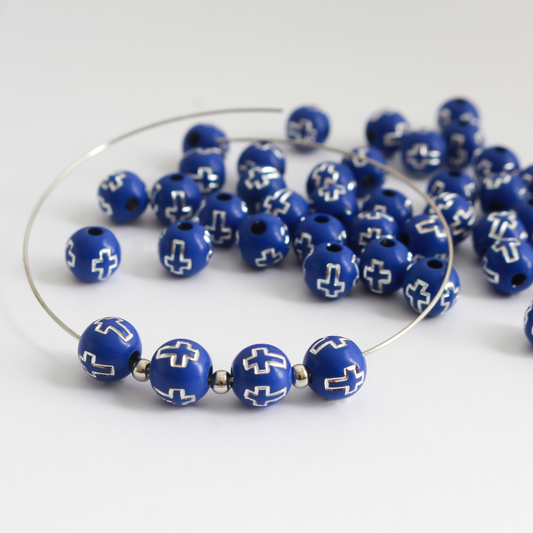 8mm Blue Beads with Silver Crosses, 60pcs