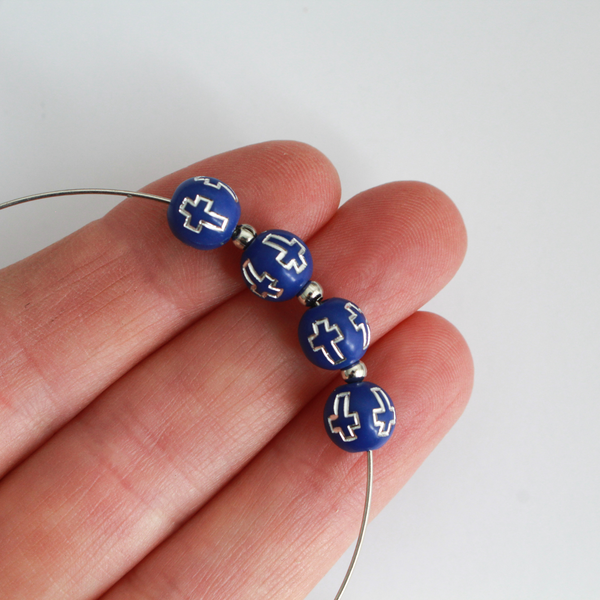8mm Blue Beads with Silver Crosses, 60pcs