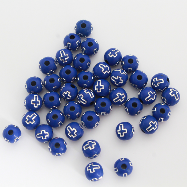 8mm Blue Beads with Silver Crosses, 60pcs