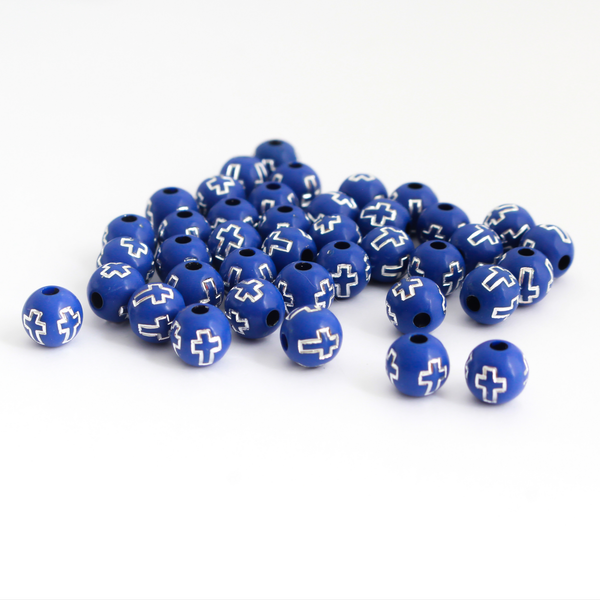 8mm Blue Beads with Silver Crosses, 60pcs