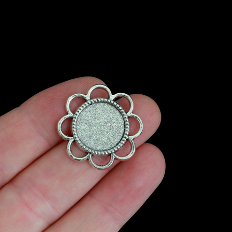 Antique Silver Flower Cabochon Settings, 5pcs - 14mm Bezel Tray with 8 Connector Loops for DIY Rosaries & Jewelry