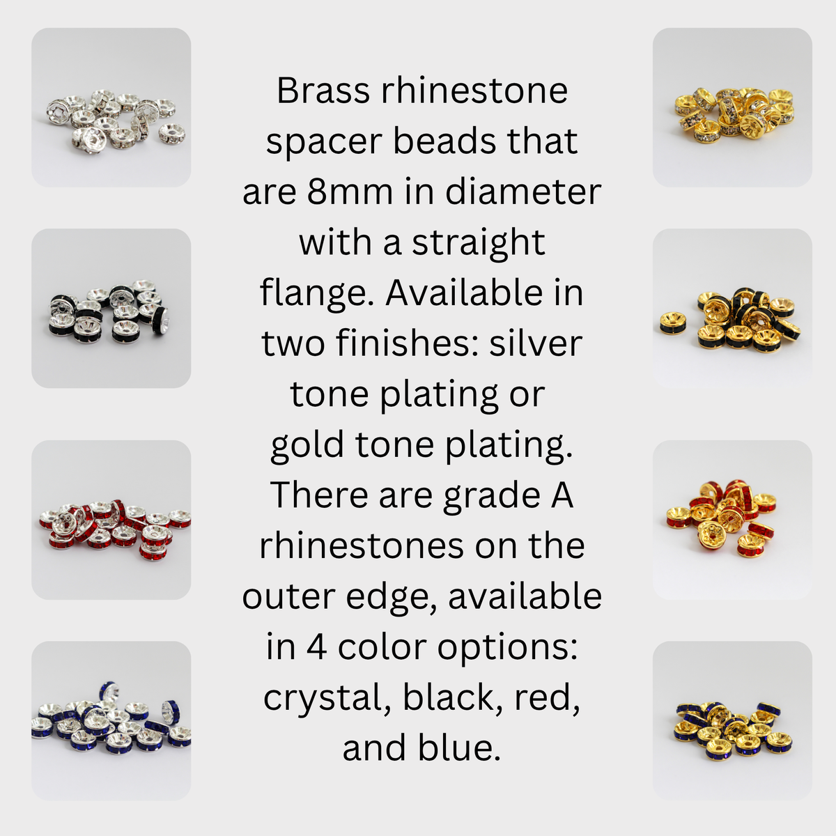8mm Rondelle Spacer Beads with Grade A Crystal Rhinestones, 20pcs - Four Color Options