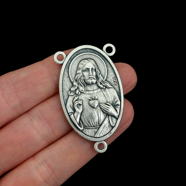 Large Sacred Heart of Jesus Immaculate Heart of Mary Rosary Centerpiece 1-3/4" Long, Made in Italy