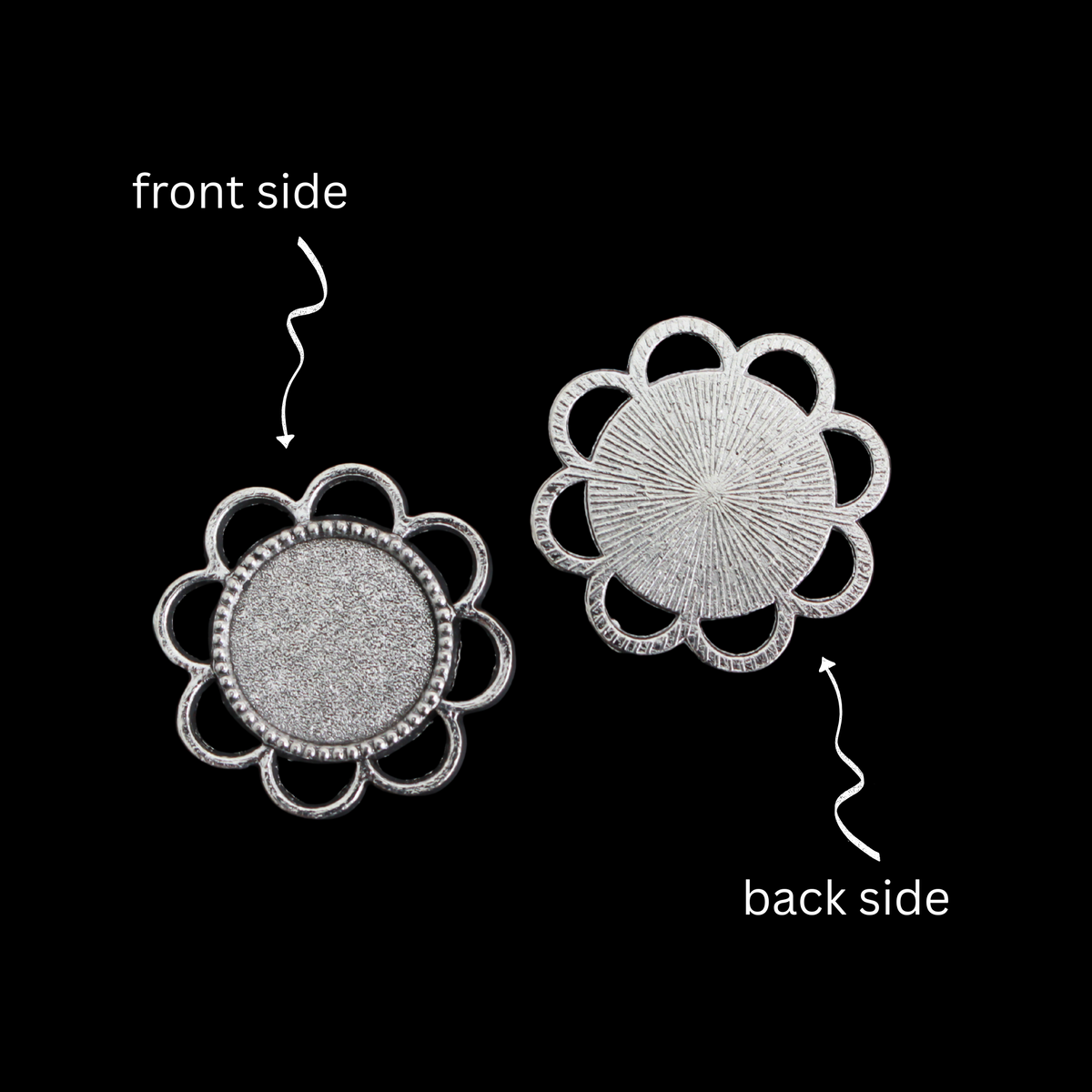 Antique Silver Flower Cabochon Settings, 5pcs - 14mm Bezel Tray with 8 Connector Loops for DIY Rosaries & Jewelry