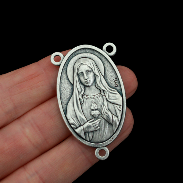 Large Sacred Heart of Jesus Immaculate Heart of Mary Rosary Centerpiece 1-3/4" Long, Made in Italy