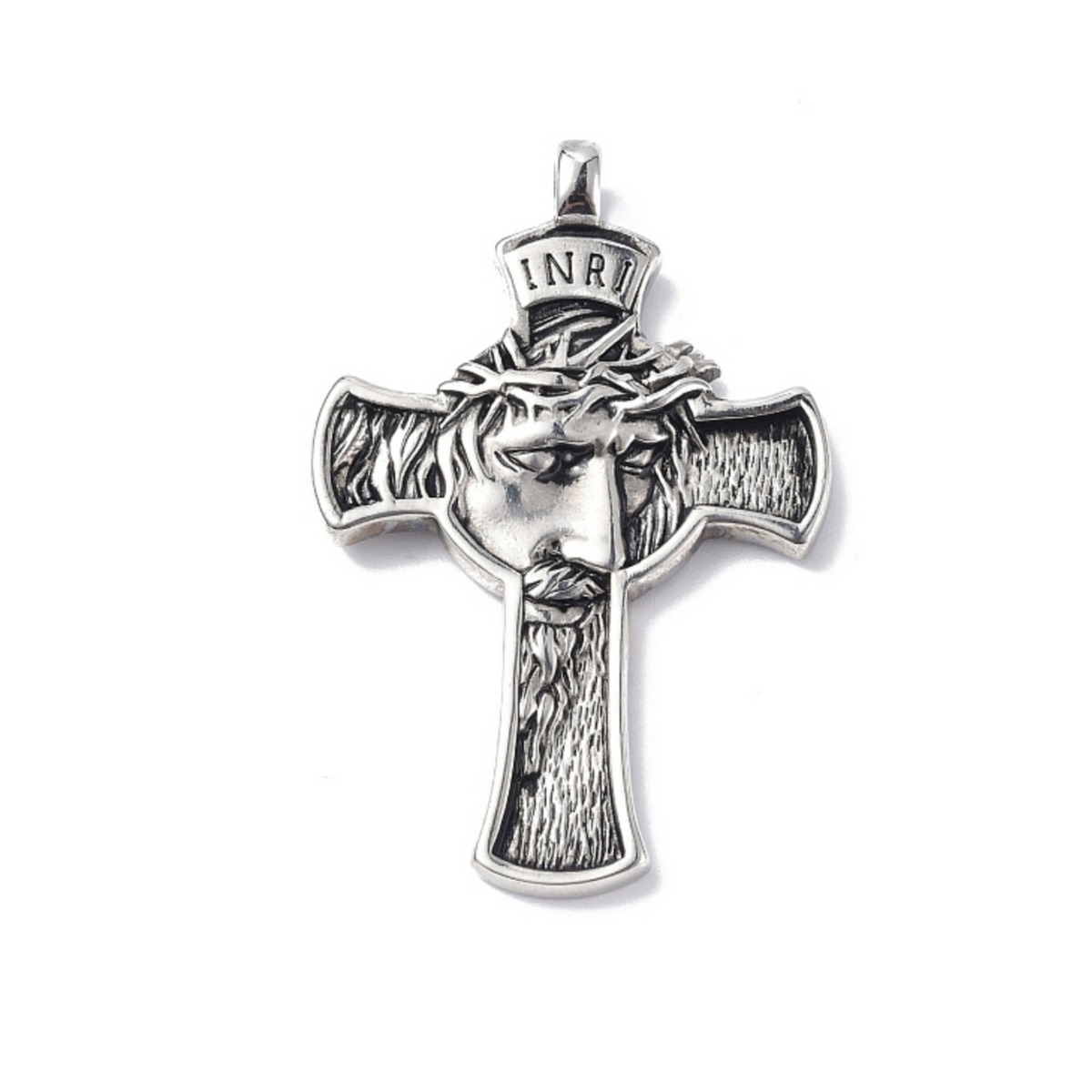 Jesus Christ Cross Pendant - Passion of Christ Crown of Thorns 2-1/8" long - Stainless Steel