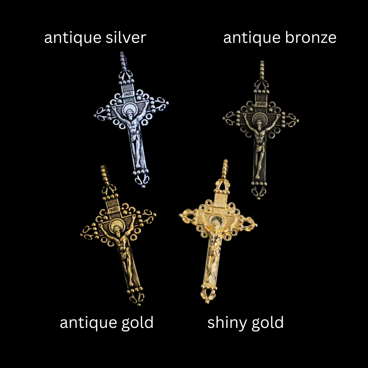 Ornate Crucifix Pendants 2" Long - Available in Four Colors - Sold in Packs of 3pcs