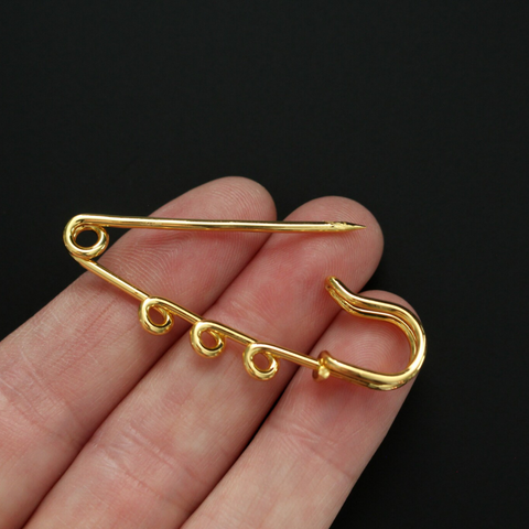 Golden Safety Pin Brooch with Three Loops for Adding Charms or Medals