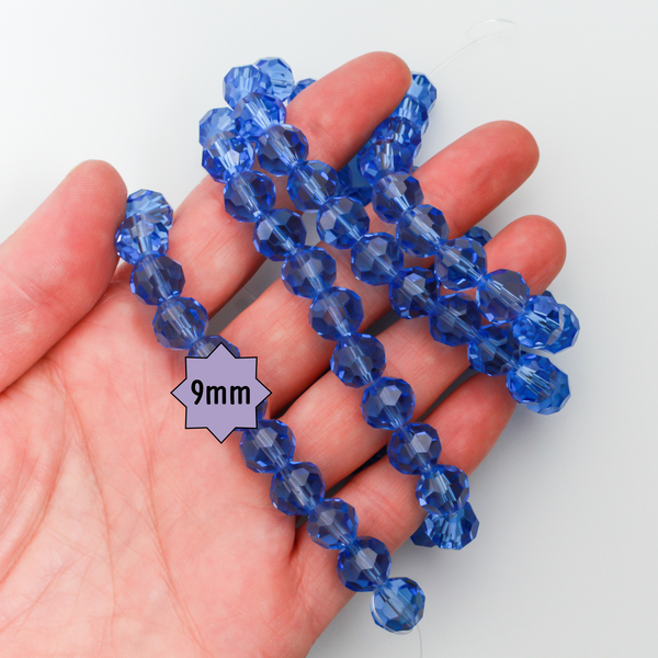 Transparent Cornflower Blue Glass Beads 9mm Round Faceted Crystal Strand - 65bds/strand