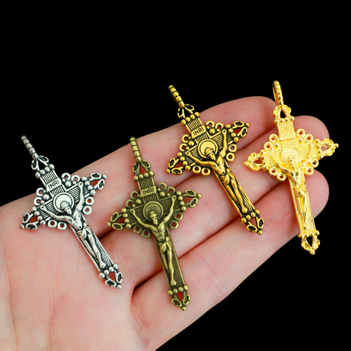 Ornate Crucifix Pendants 2" Long - Available in Four Colors - Sold in Packs of 3pcs