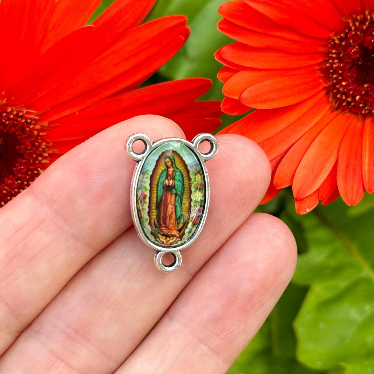 Our Lady of Guadalupe Rosary Centerpiece with a Color Image on Both Sides - 7/8" Long