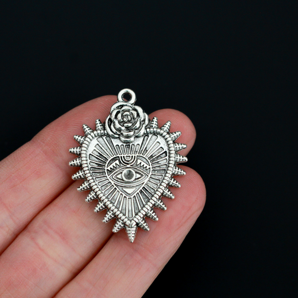 Ex Voto Milagro Style Charms Sacred Heart Eye of Providence - All Seeing Eye - 38mm Long, 5pcs