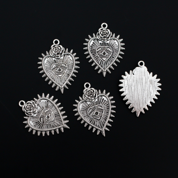 Ex Voto Milagro Style Charms Sacred Heart Eye of Providence - All Seeing Eye - 38mm Long, 5pcs