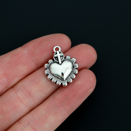 Sacred Heart Cross Charms with Flower Petal Details - Milagro Style Pendants 20pcs