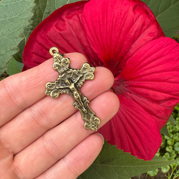 Bronze Ornate Fleur-de-Lis Crucifix Cross, 2" Long