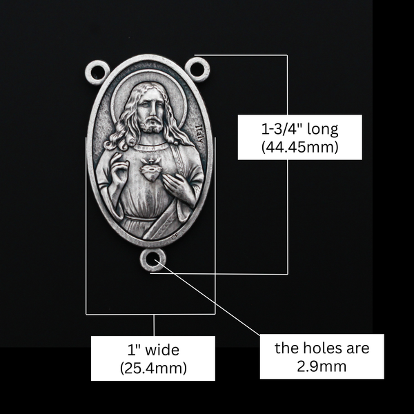 Large Sacred Heart of Jesus Immaculate Heart of Mary Rosary Centerpiece 1-3/4" Long, Made in Italy
