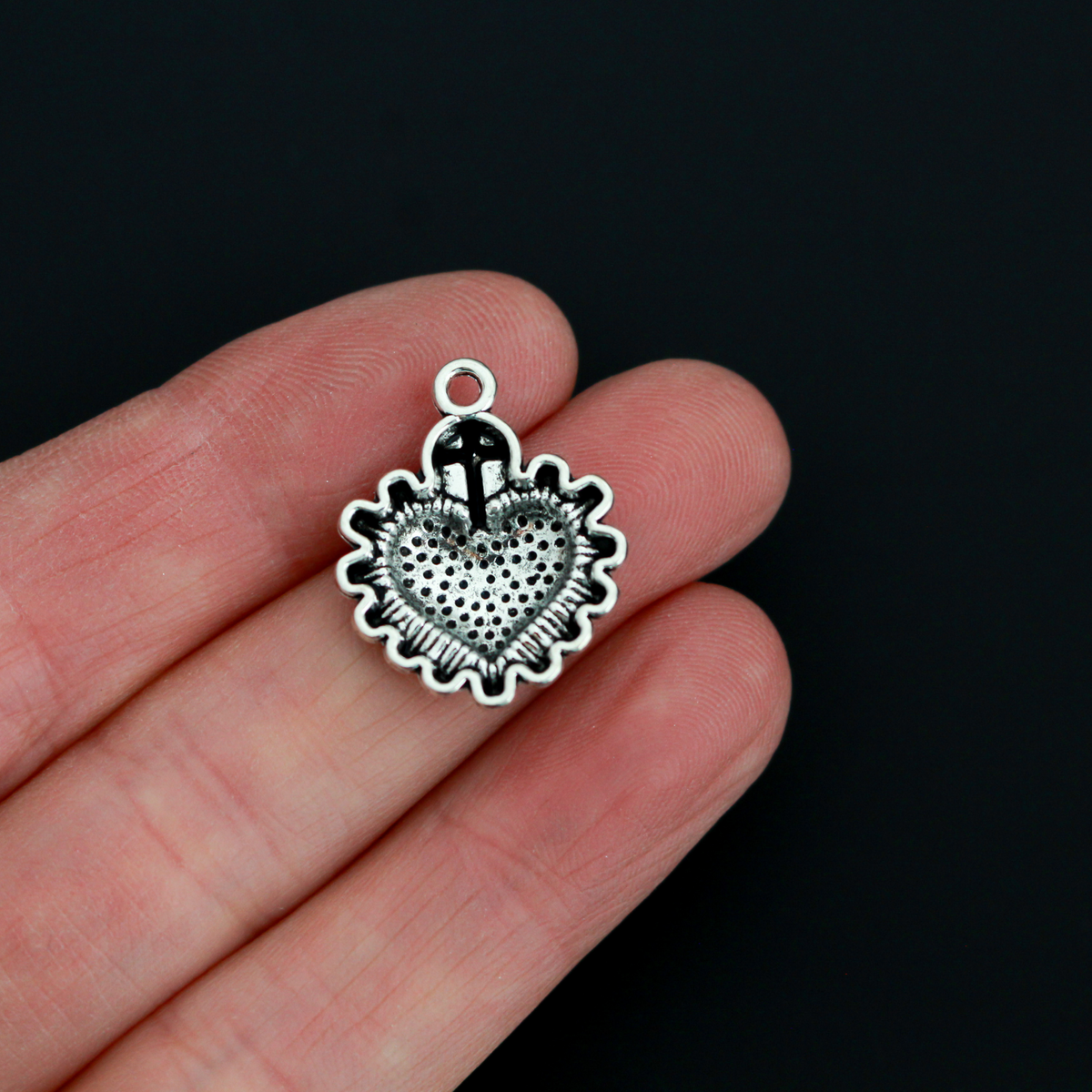 Sacred Heart Cross Charms with Flower Petal Details - Milagro Style Pendants 20pcs