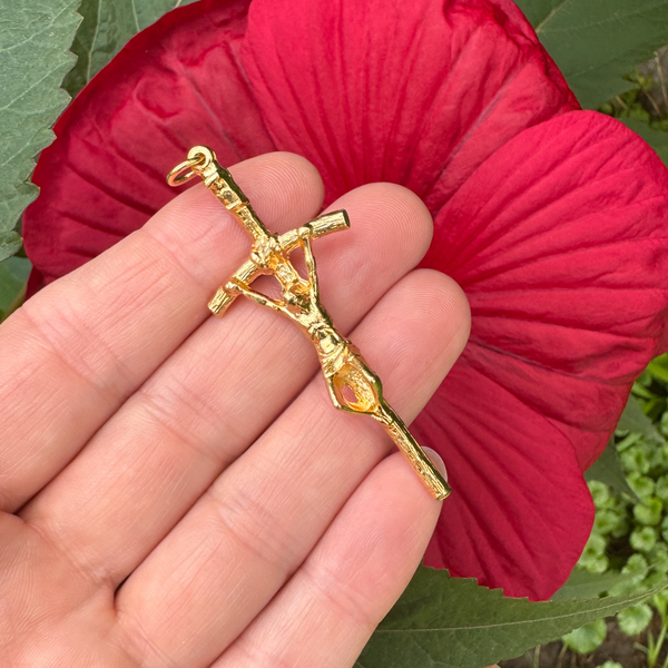 Gold Papal Crucifix Pendant of Pope Saint John Paul II - Manzu's Crucifix Cross 2.25" Long