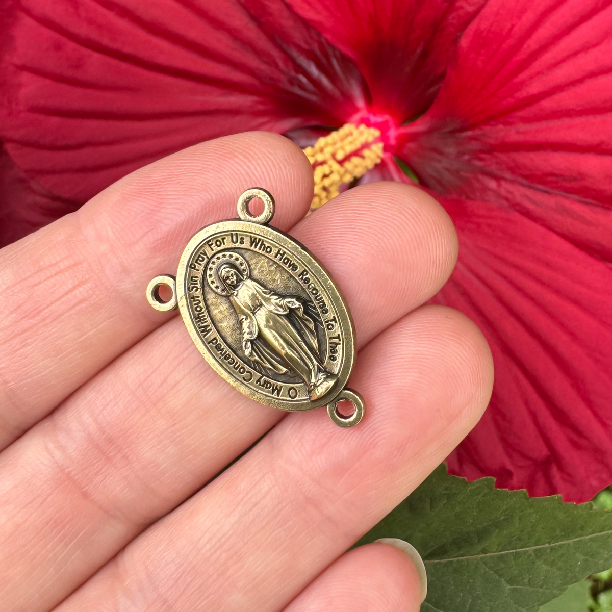 Bronze Miraculous Medal Rosary Centerpiece - Handcrafted in Italy, English Inscription