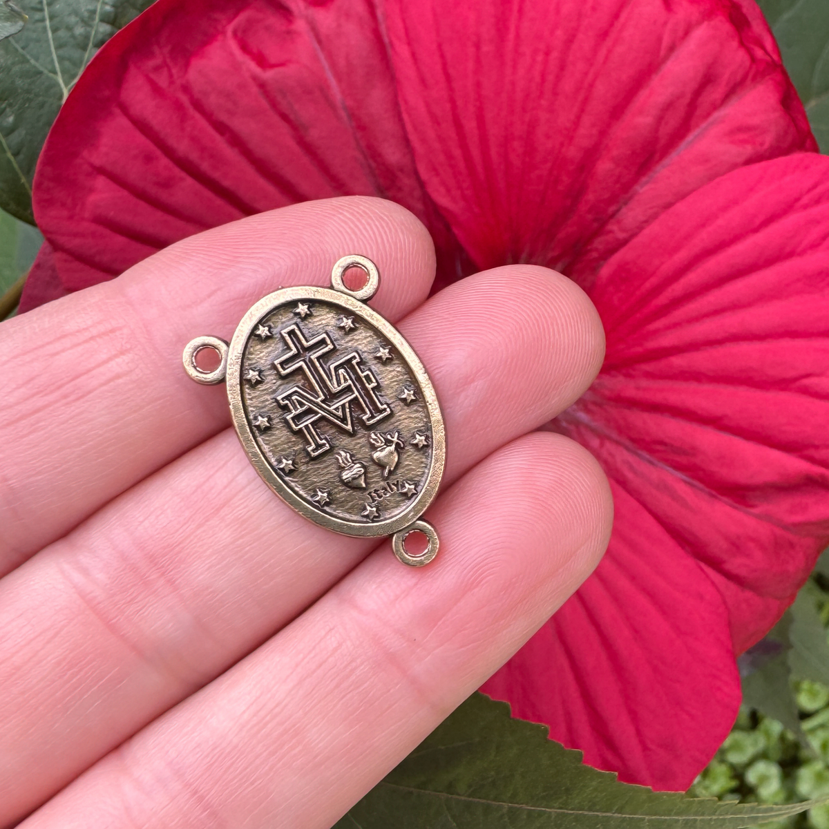 Bronze Miraculous Medal Rosary Centerpiece - Handcrafted in Italy, English Inscription