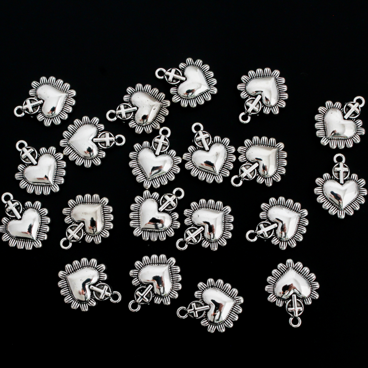 Sacred Heart Cross Charms with Flower Petal Details - Milagro Style Pendants 20pcs