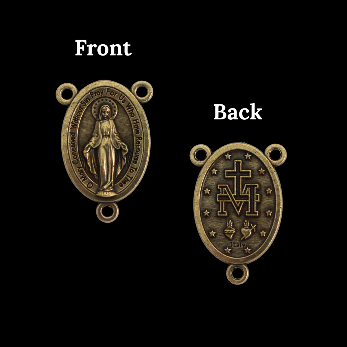 Bronze Miraculous Medal Rosary Centerpiece - Handcrafted in Italy, English Inscription
