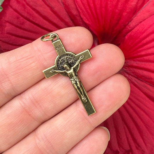 Bronze Saint Benedict Crucifix Cross with Straight Edges, 1-1/2" Long