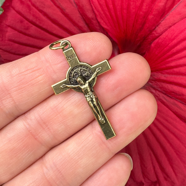 Bronze Saint Benedict Crucifix Cross with Straight Edges, 1-1/2" Long