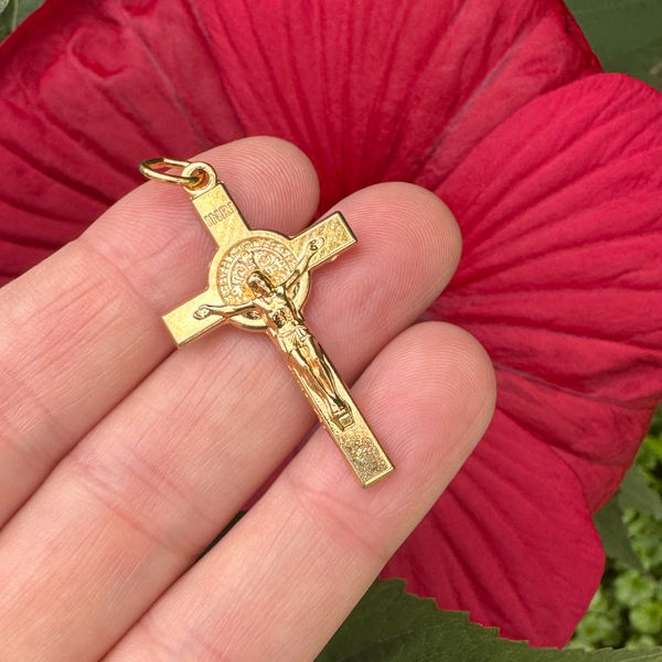 Gold Saint Benedict Crucifix Cross with Straight Edges, 1-1/2" Long