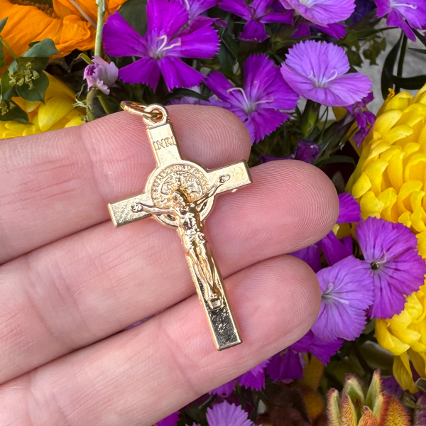 Gold Saint Benedict Crucifix Cross with Straight Edges, 1-1/2" Long