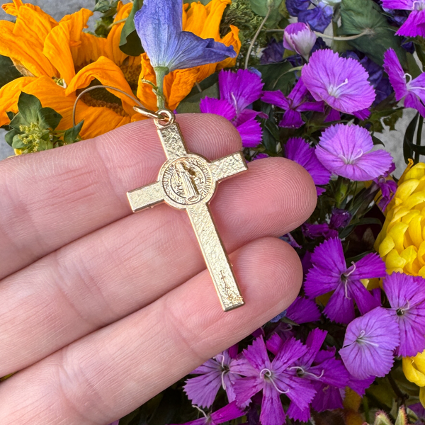Gold Saint Benedict Crucifix Cross with Straight Edges, 1-1/2" Long