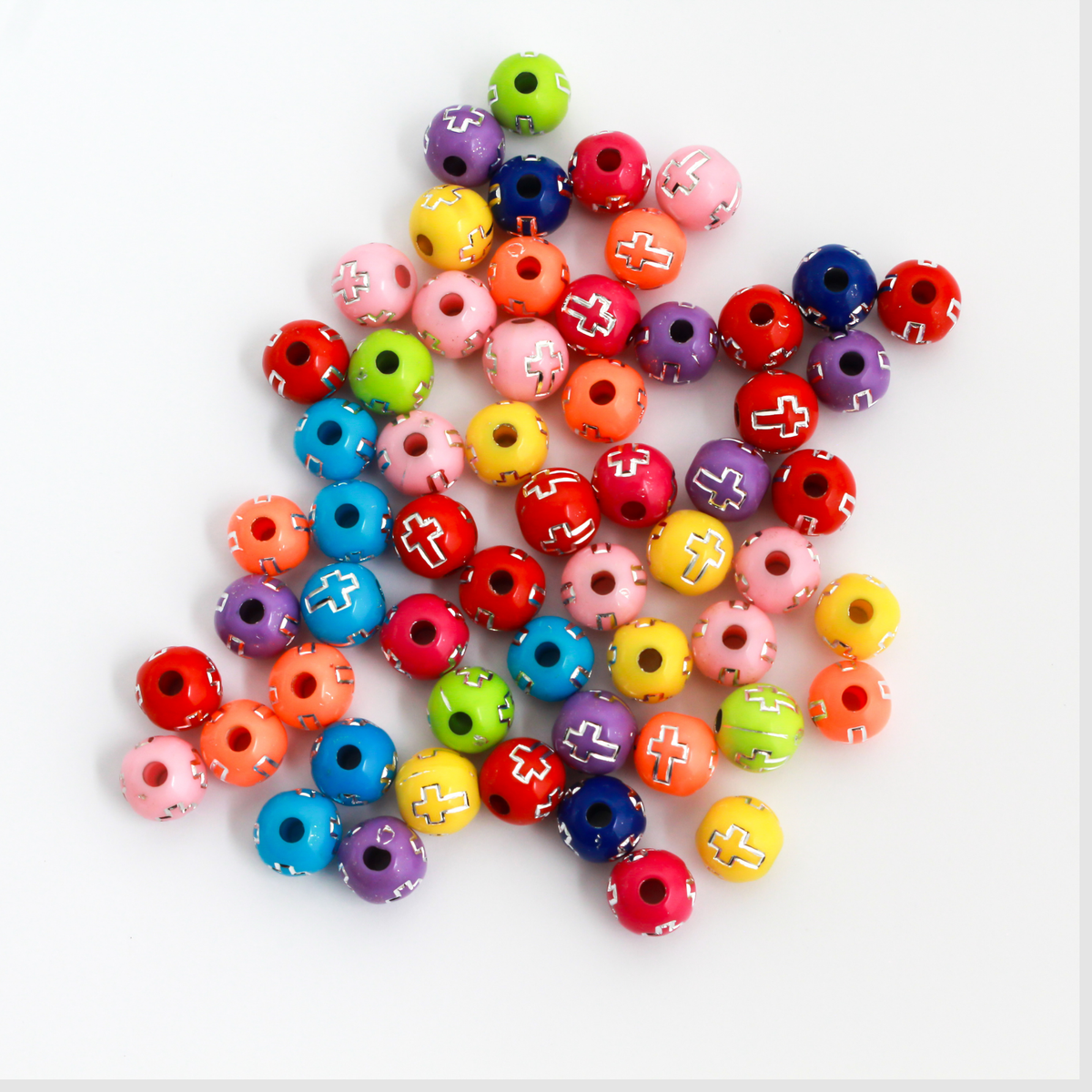 Silver Etched Cross Pattern Beads - Random Mix of Colors, 8mm Round Acrylic, 100pcs