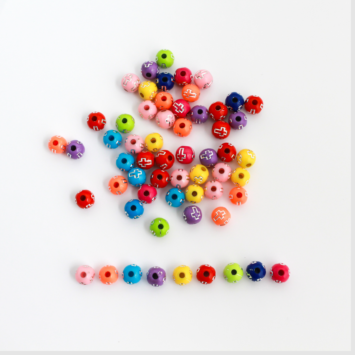 Silver Etched Cross Pattern Beads - Random Mix of Colors, 8mm Round Acrylic, 100pcs