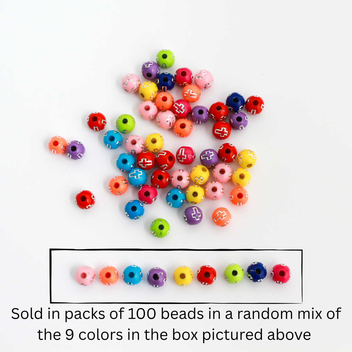 Silver Etched Cross Pattern Beads - Random Mix of Colors, 8mm Round Acrylic, 100pcs