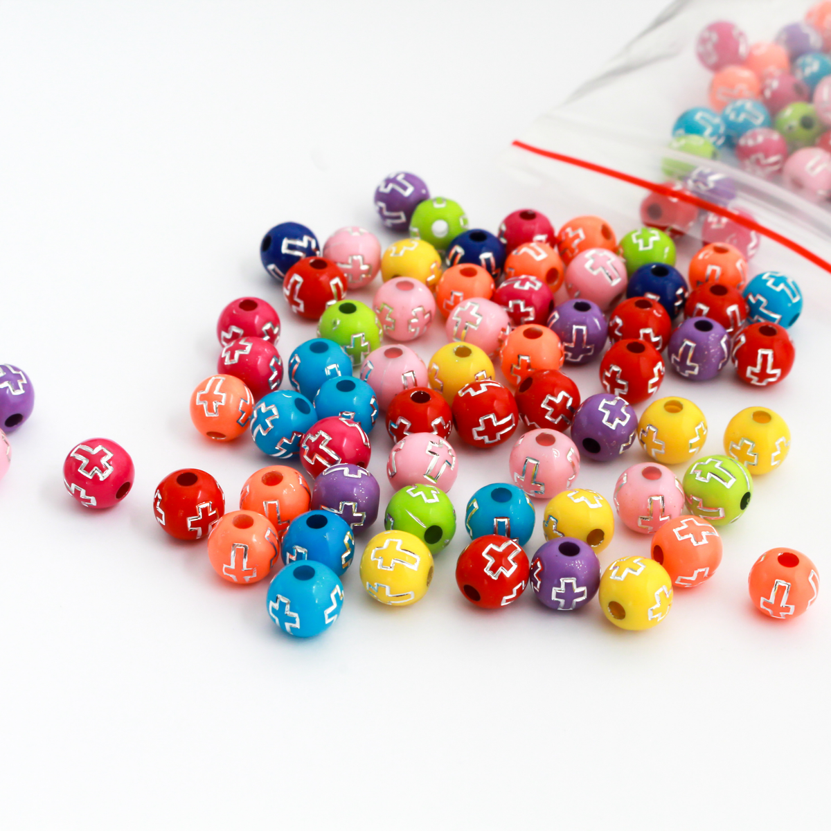 Silver Etched Cross Pattern Beads - Random Mix of Colors, 8mm Round Acrylic, 100pcs