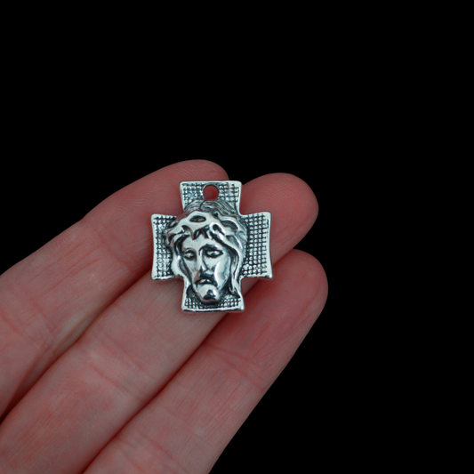 Silver Face of Jesus Christ Cross Pendants - Crown of Thorn Charms 10pcs