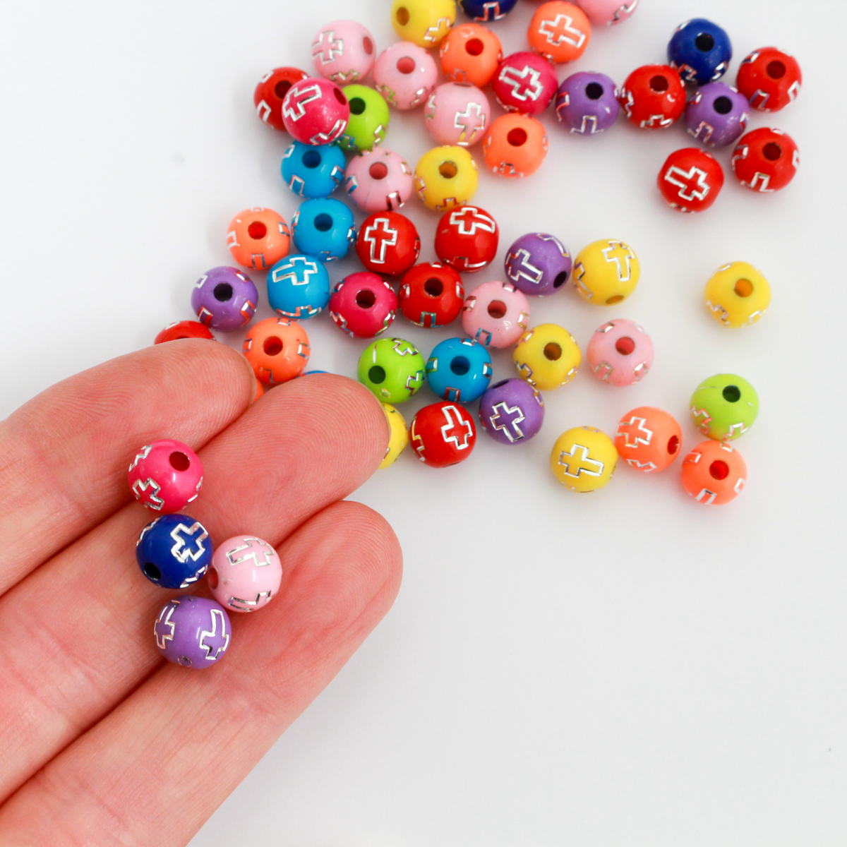 Silver Etched Cross Pattern Beads - Random Mix of Colors, 8mm Round Acrylic, 100pcs